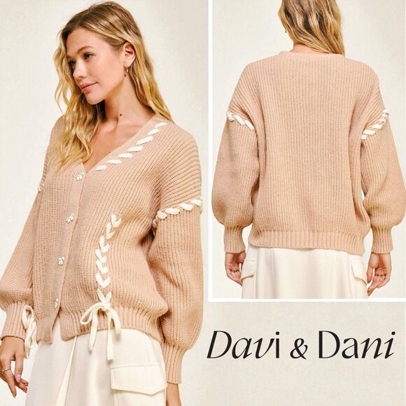 Davi & Dani Sweaters - Davi & Dani Tan Lace-Up Ribbon Bow Button Down Cardigan Size Large NWT